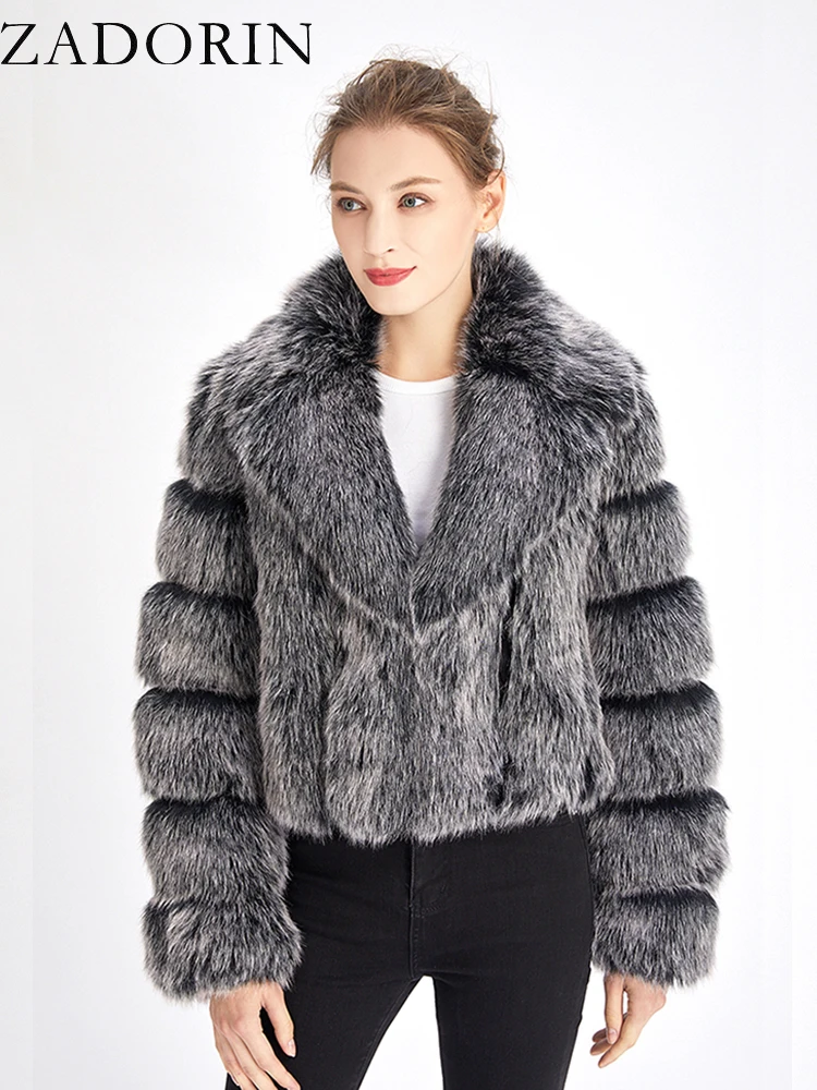 ZADORIN Luxury Cropped Fur Jacket Woman Coats Winter 2025 Lapel Long Sleeve Faux Fox Fur Coat Women Thick Warm Fluffy Fur Jacket