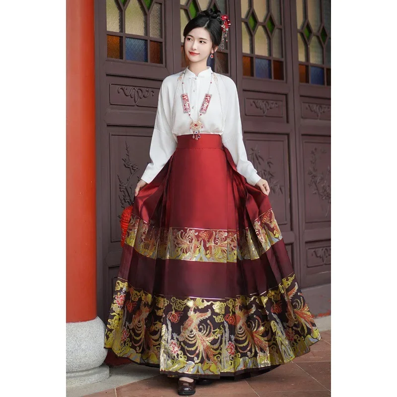 새로운 중국 스타일의 무거운 자수 피닉스 골드 직조 말 꼬리 스커트 레드 여성 Hanfu 세트 전통 의상 2025