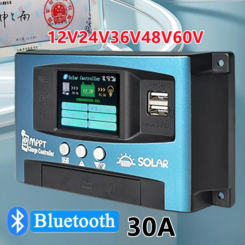 

Контроллер заряда солнечной батареи MPPT 30A 12V24V36V48V60V Регулятор заряда батареи солнечной панели Dual USB Bluetooth