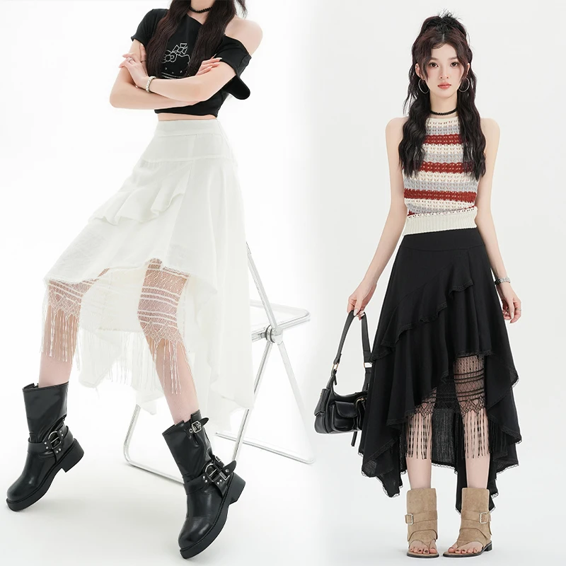 Retro Lace Splicing High Waist Slimming Long Tassel Skirt for Women Midi Skirt Prairie Style Irregular Hemline Polyester Fiber
