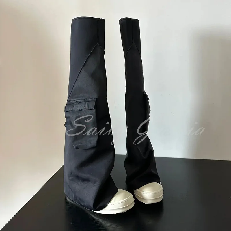 

Canvas Pocket Trouser Sleeve Boots Genuine Leather Round Toe Thick Sole Over-The-Knee Knight Boots Female Slip On Shoes