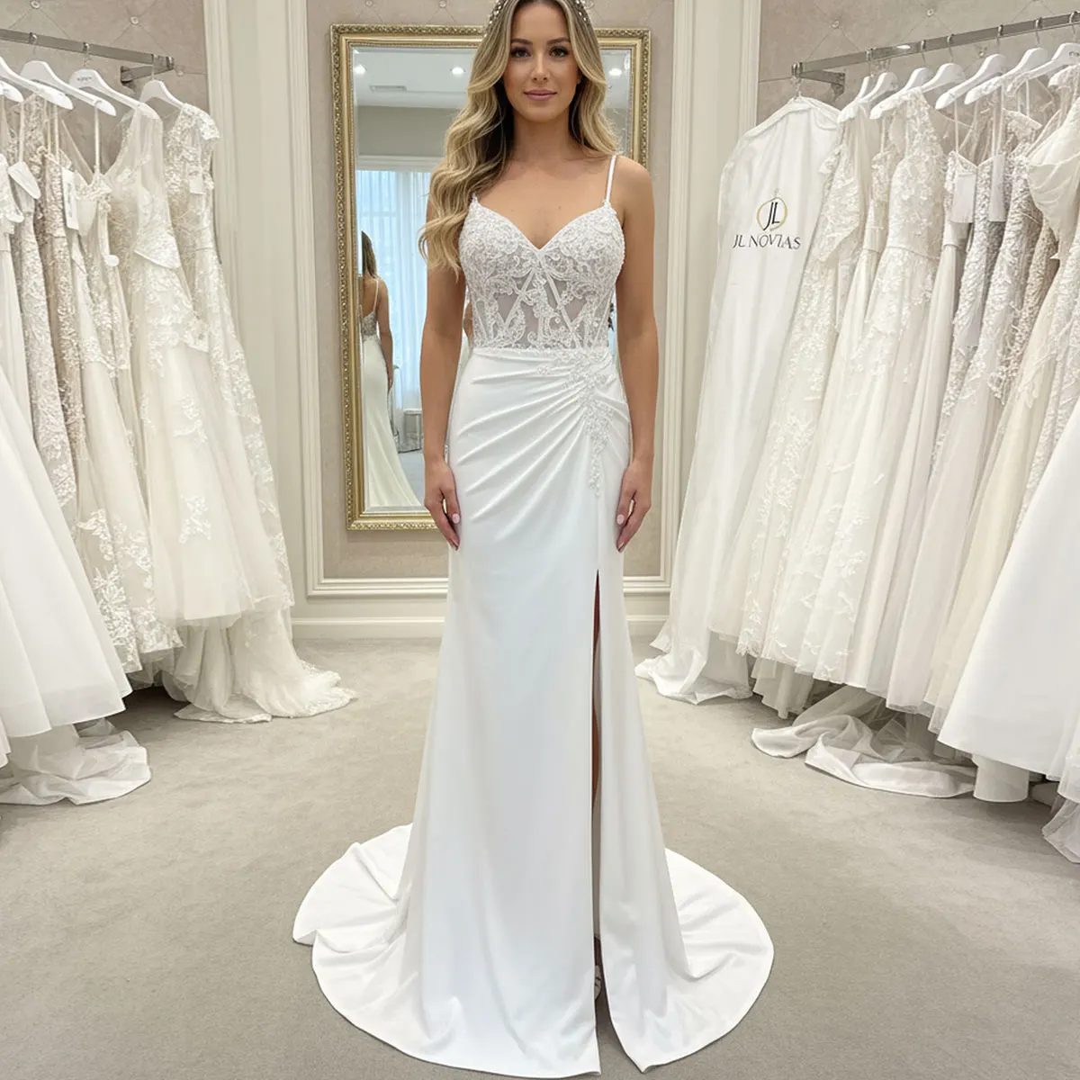 

Romantic V Neck Mermaid Wedding Dresses With Slit Long Beaded Sheath Satin Bridal Party Gown For Bride Vestidos Novia