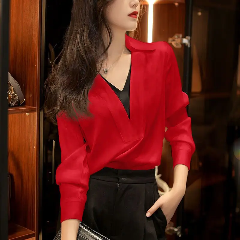 Elegant Lapel Spliced Fake Two Piece Blouse Women\'s Clothing 2022 Autumn New Loose Casual Pullovers All-match Office Lady Shirt