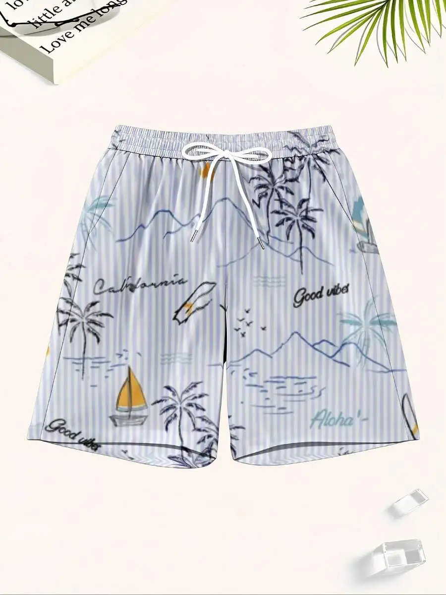 

Mens Beach Shorts With Palm Tree Sailboat Print Good Vibes Aloha Summer Board Shorts