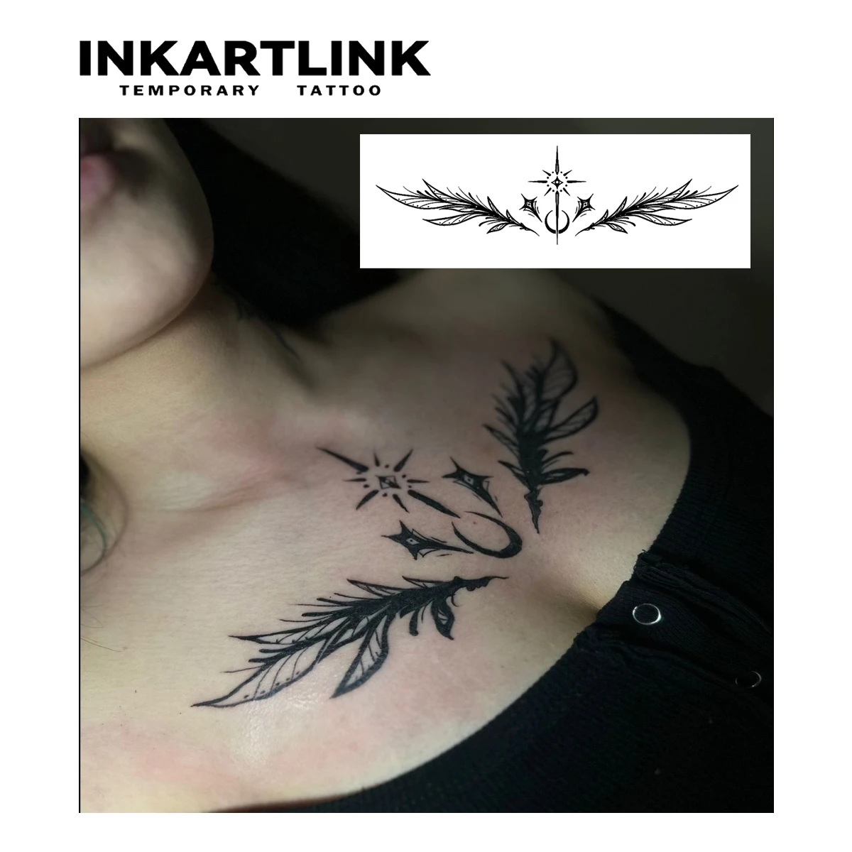 INKARTLINK Fine Line Feather Moon Star Temp Tattoo Sticker for Vacation, Festivals & Daily Chic Wear.