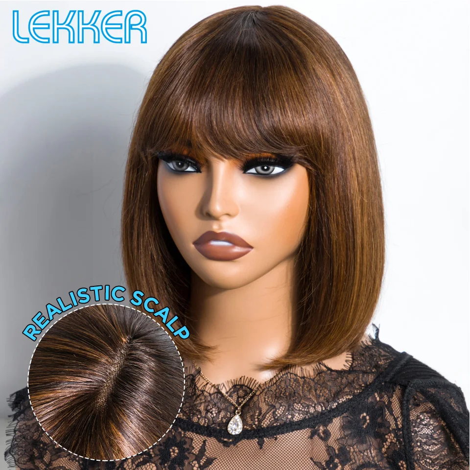 

Lekker Lace Closure Short Straight Bob 100% Human Hair Wigs With Bangs For Women Brazilian Remy Hair Glueless Highlight Brown