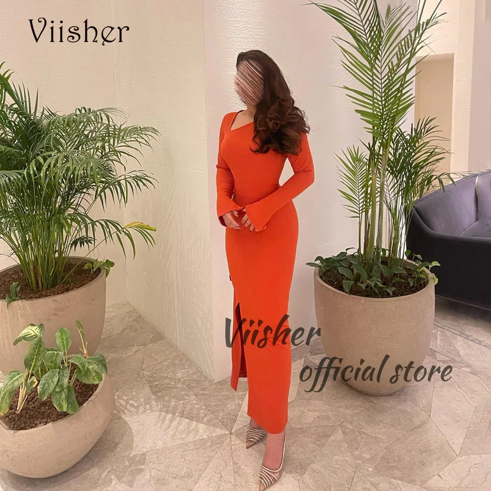 

Viisher Orange Satin Mermaid Evening Dresses Long Sleeve V Neck Arabic Dubai Prom Party Dress with Slit Formal Evening Gowns