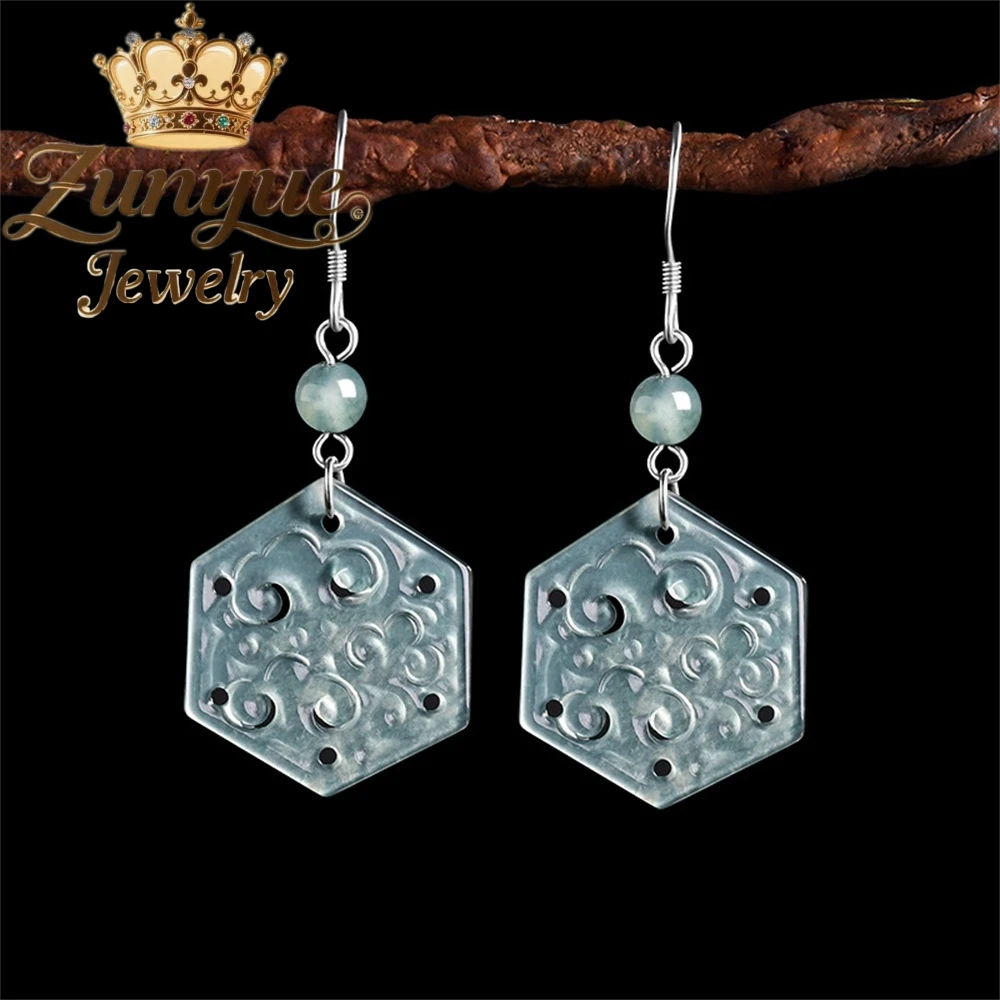 

Natural A-Grade Jadeite Blue Water Antique Earrings S925 Silver Inlaid Ice-Type Jade Earrings Ancient-Style Earrings For Women