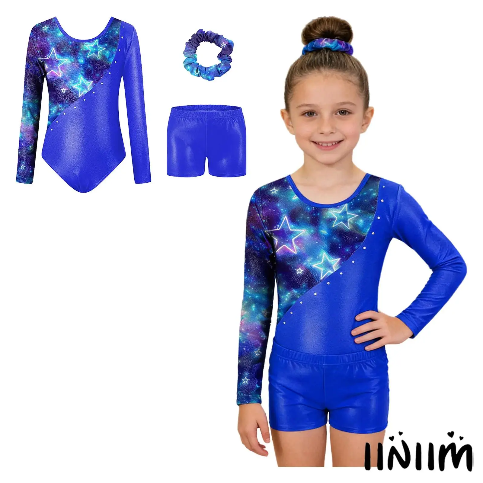 

Kids Girls Gymnastics Ballet Dance Outfit Long Sleeve Star Printed Ballet Leotard with Shorts and Hair Band Figure Skating Wear
