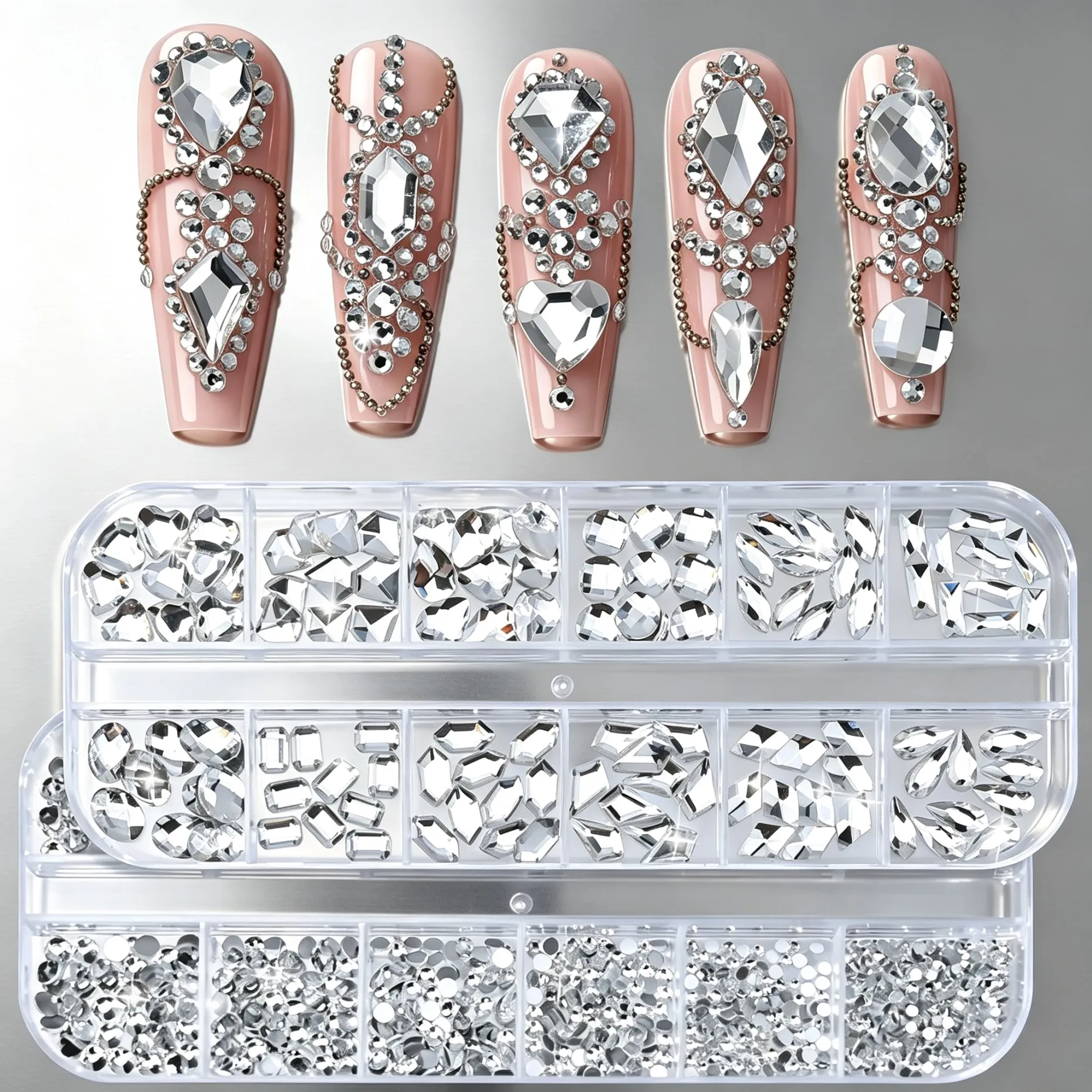 3D Luxury 24 Grids K9 Rhinestones Clear Round Flatback Crystal Nail Diamonds Multi-size Oval Teardrop Square Gems Manicure Decor