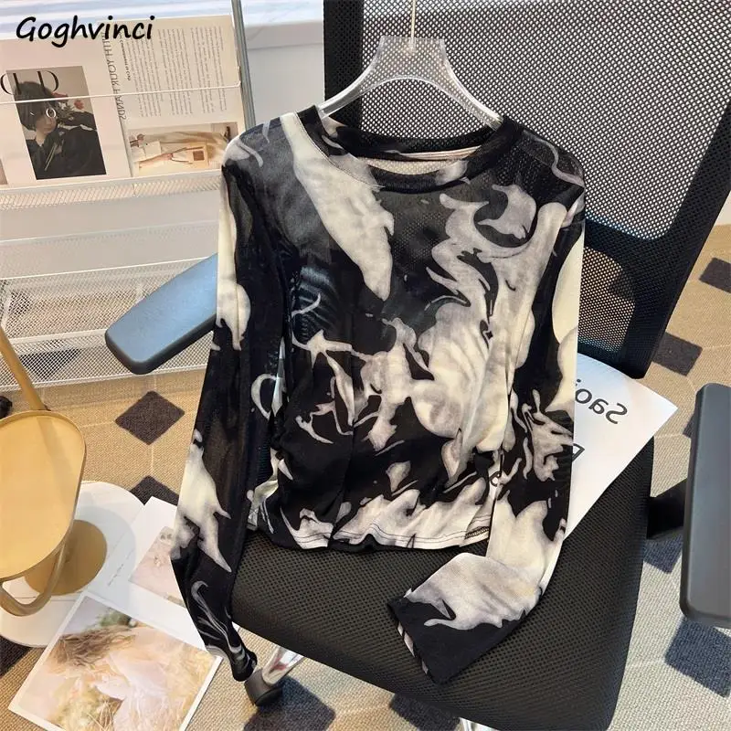 Long Sleeve T-Shirts Women Tie-dye Ink Painting Design Chic Sun-proof Casual Bright-silk All-match Popular Summer Tops Ulzzang