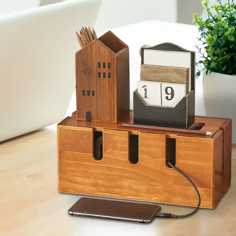 Wood Cable Organizer Box for Extension Cord Power Stripe Surge Protector Wire Management Organizer Cover Hider for Desktop