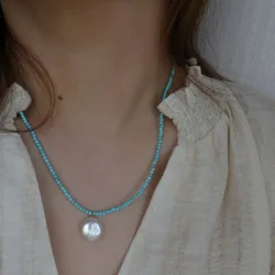 100% Natural Baroque Freshwater Pearl & Turquoise Stone Female Beads Chain Necklace Jewelry For Women New Year Gifts
