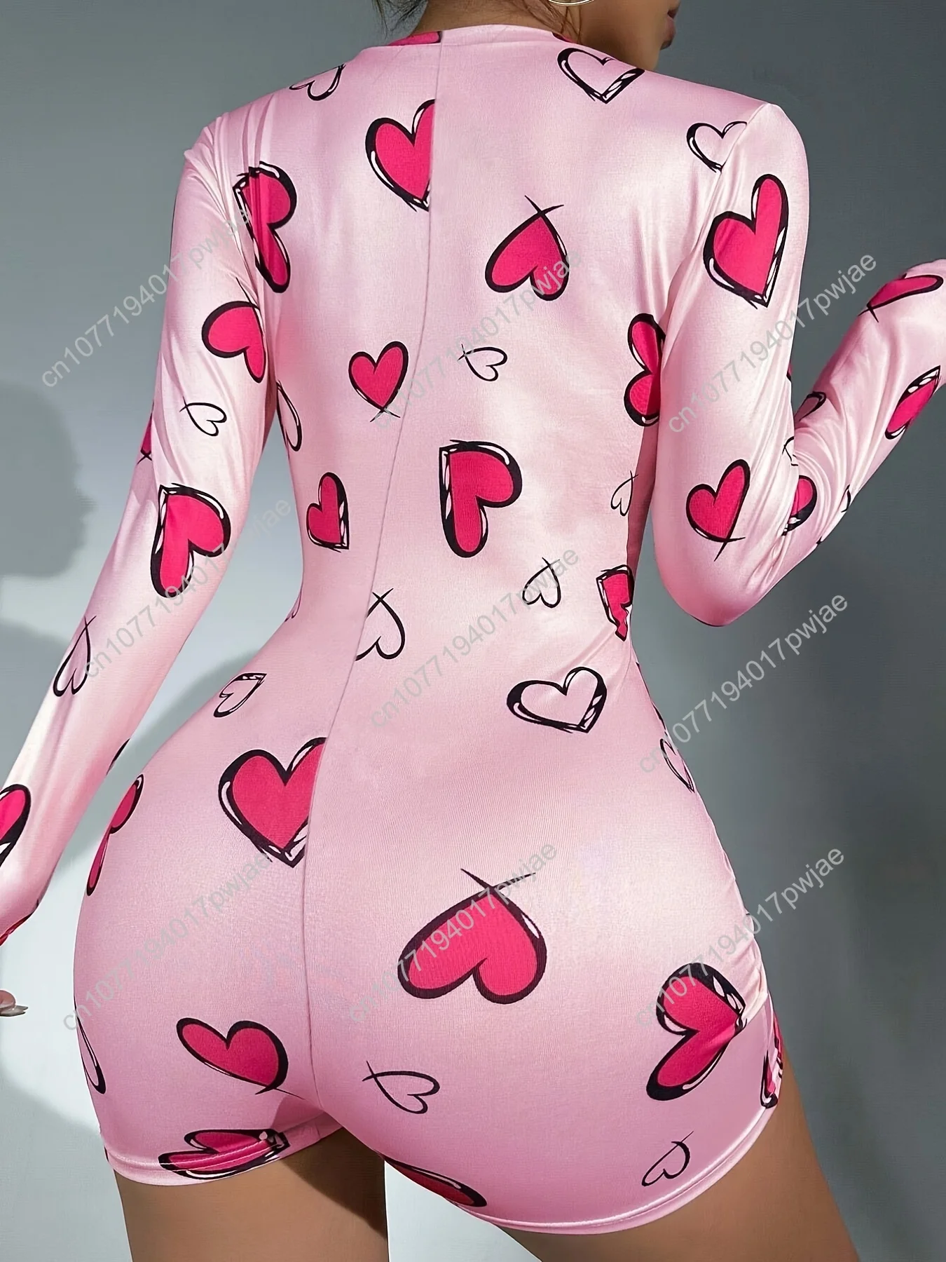 [1pc Pakaian Tidur Seksi Model Bodysuit V-Neck] 1pc Pakaian Tidur Wanita Seksi Model Bodysuit V-Neck Lengan Panjang, Motif Hati Rajutan Poliester