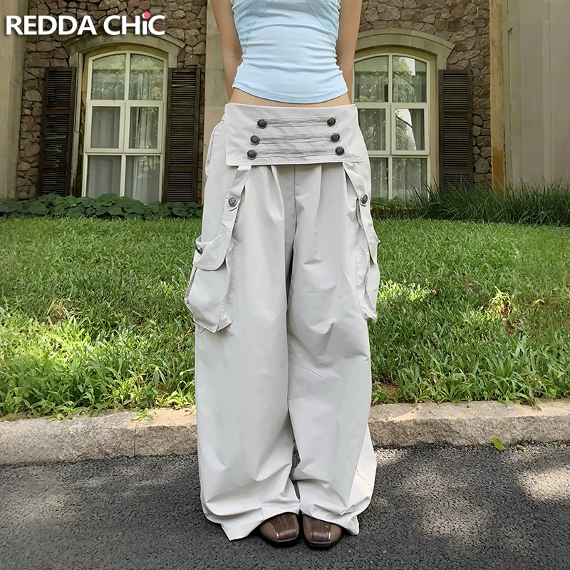 ReddaChic Fold Over Casual Pants for Women Y2K Baggy Elastic Waist Big Pockets Pleat Cargo Pants Steampunk Alternative Clothes
