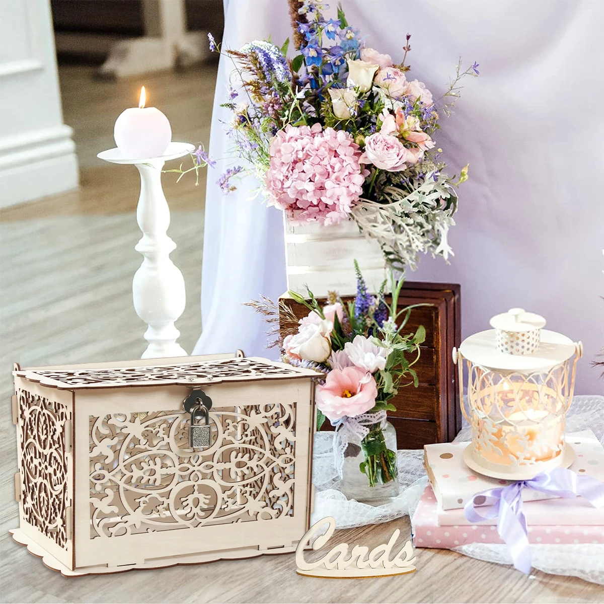 Cajas de madera para tarjetas de regalo de boda con cerradura, patrón de flores de Mr & mrs. pareja, tarjetas de letrero de sobre, caja de madera,