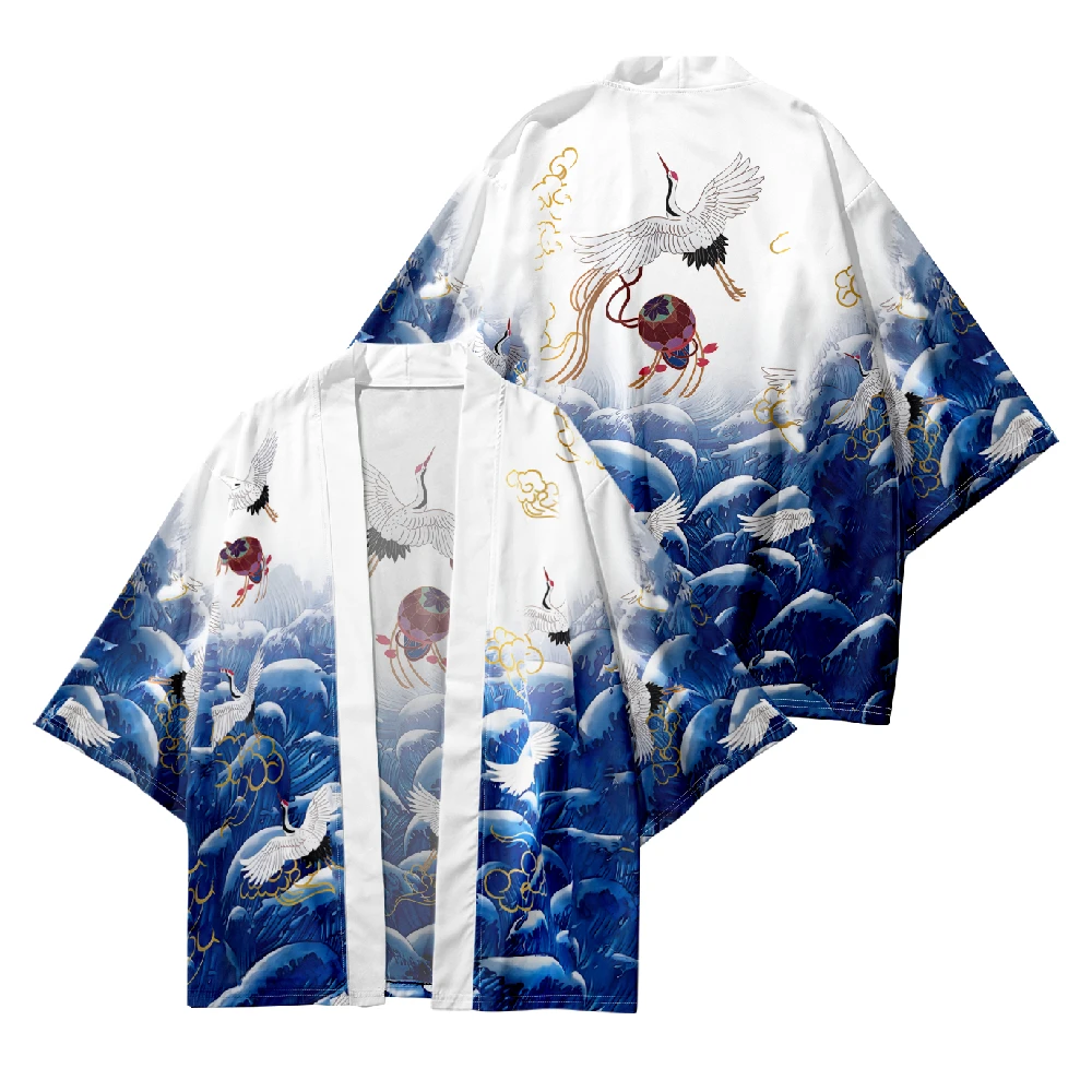 سترة صيفية موديل شاطئ موديل 2025 مطبوعة على شكل رافعة مموجة كيمونو نسائي ياباني أبيض هاوري كبير الحجم ملابس الشارع الشهير #1