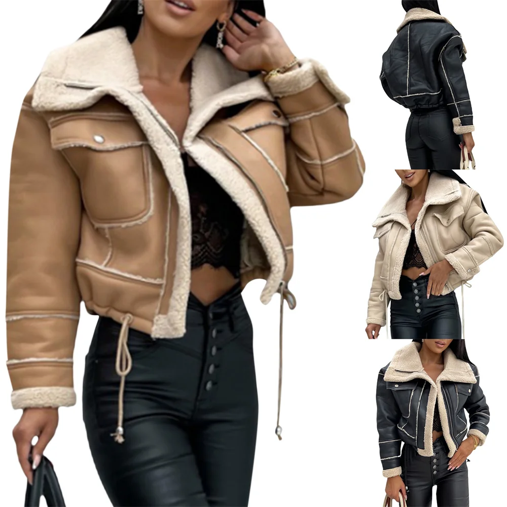 Women PU Patchwork Warm Plush Jacket Fashion Winter Long Sleeve Zipper Short Coats Streetwear with Pockets Outwear