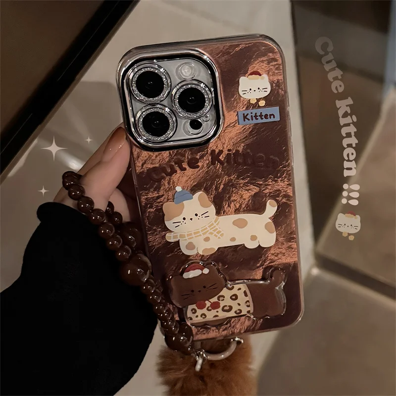 Brown stained spotted cat phone case with 3D cat holder and plush phone chain for iPhone 11 12 13 14 15 16 pro max