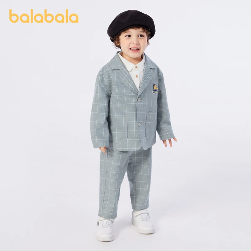 Balabala Long-Sleeve Suit Boys 2024 Spring New Edition Children Clothing for Toddlers and Babies Plaid Two-Piece Set Stylish