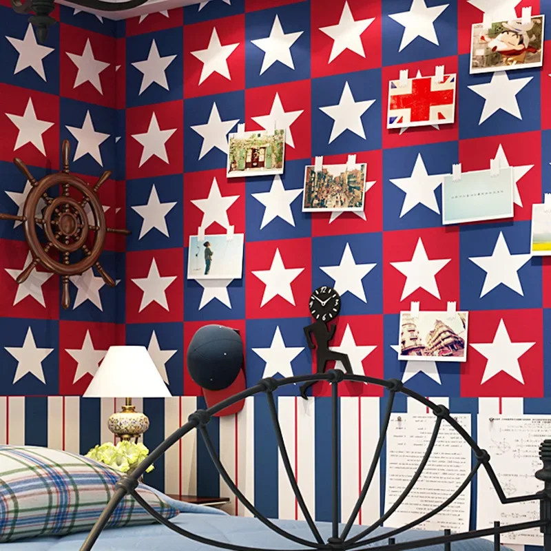 

British Style Mediterranean Children's Room AB Version Five-Pointed Stars Vertical Stripes Wallpaper Boy Background Wallpaper