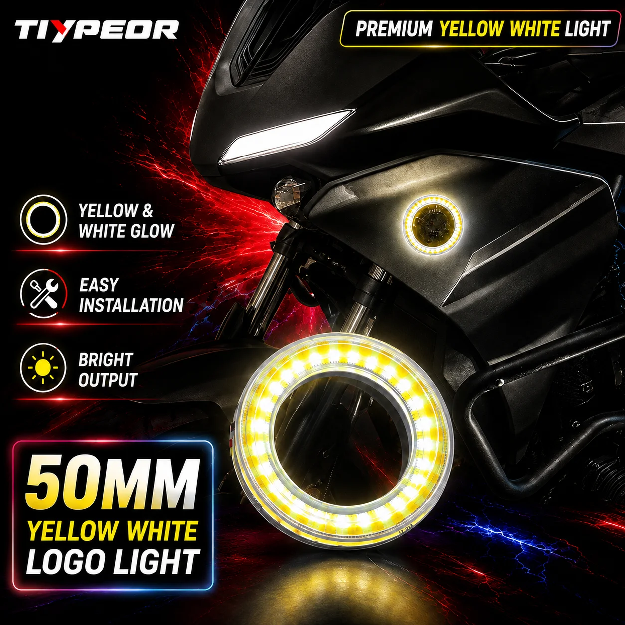 TIYPEOR 50mm Logo LED Angel Eye Halo Ring Logo Light Waterproof White Yellow Emblem Light for Yamaha Motorcycle