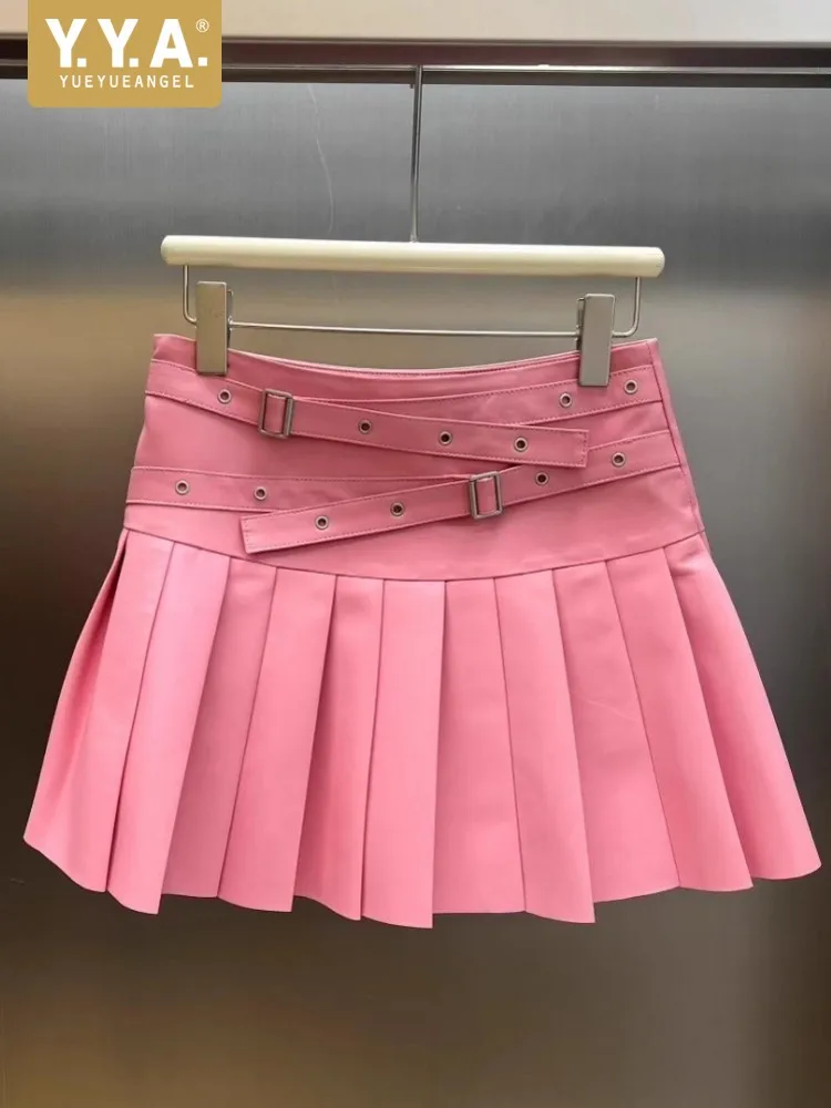 

Autumn High Waisted Chic Sexy Womens Genuine Leather Skirts A-Line Natural Sheepskin Above Knee Mini Date Party Pleated Skirt