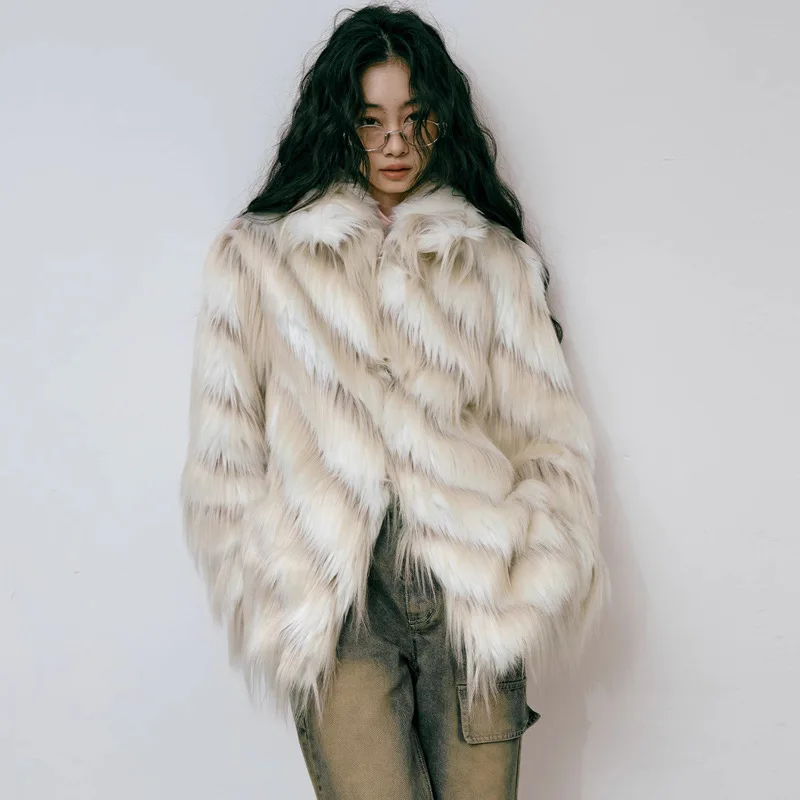 2024 Women's fur coat mixed color tassel long hair imitation fox fur coat Women's spicy girl autumn and winter thick loose top