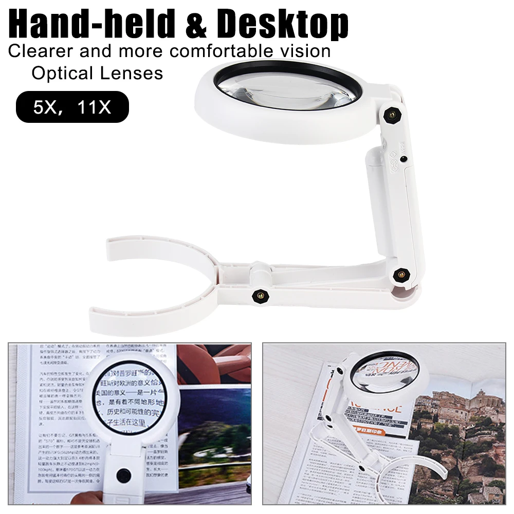 Portable Hand-held Magnifying Glass 5x 11x Stand Desk for Jewelry Appraisal Reading Repair Foldable with 8 LED Light