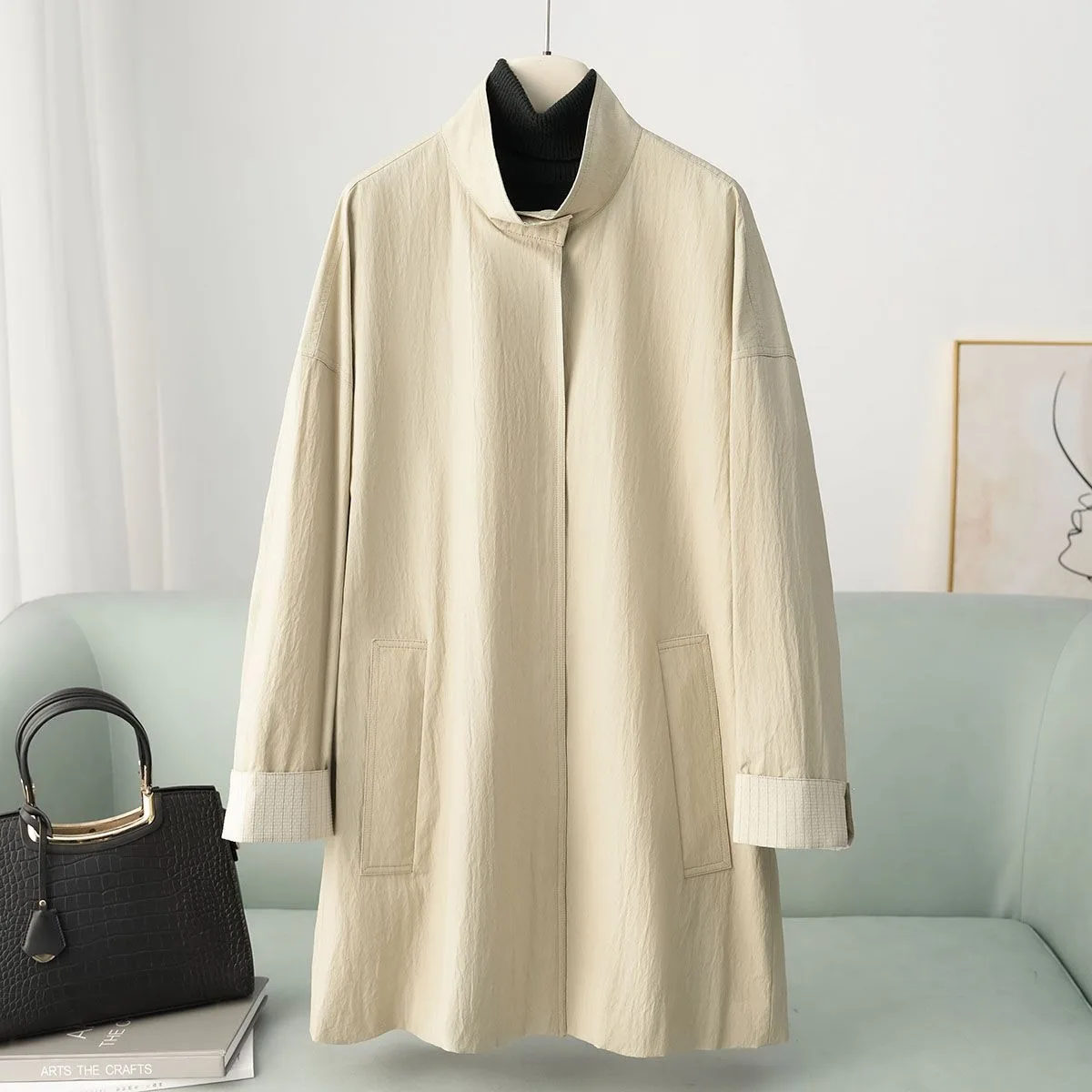 

2025 New Standing Collar Trench for Women's Spring and Autumn Loose Casual Lazy Style Long Coat