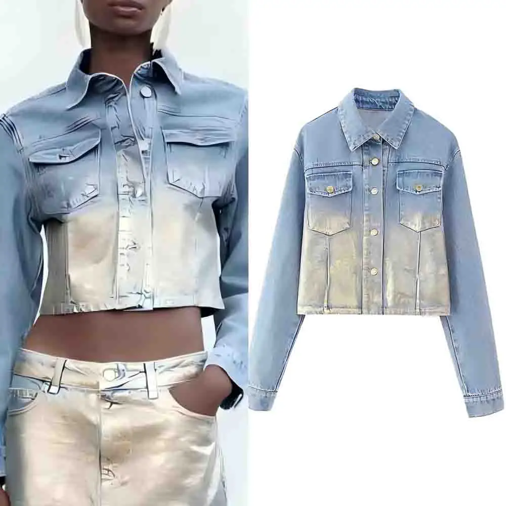 

Women's 2025 new fashion metal series short denim jacket coat retro long sleeved Button-up women's coat chic top