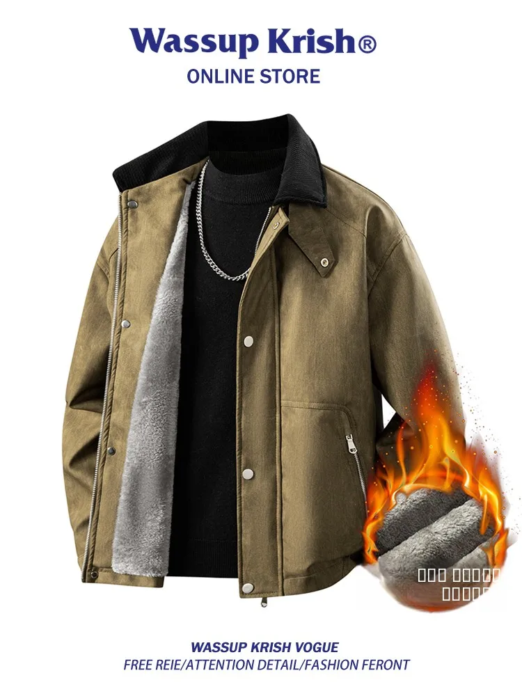 

Wassup Kri Men's Fce Lined Thiened Leather Jaet Casual Sle Windproof Zipper Closure Vintage Dyed Workwear Coat
