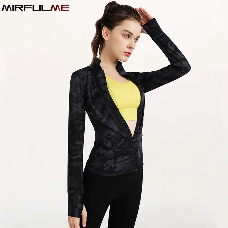 Women Sport Jackets Camouflage Zipper Yoga Coat Long Sleeve Gym Workout Running Jacket Girls Elastic Slim Fitness Top Sweatshirt