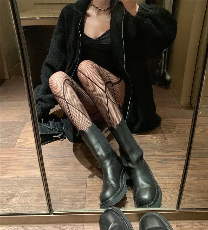Collant in nylon estivo sexy da donna Calza con rombo incrociato Calze gotiche Maglia a rete senza cuciture Costumi cosplay neri anime