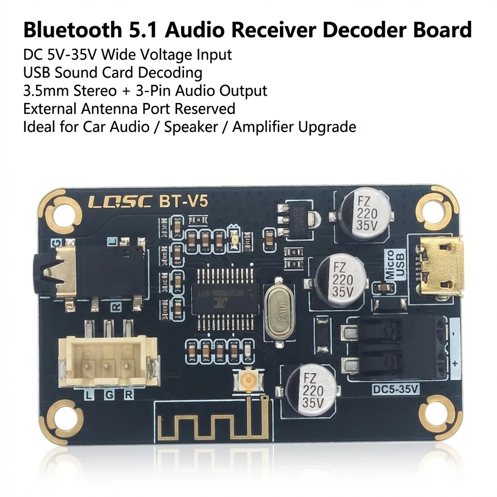 Bluetooth 5.1 Audio Receiver Decoder Board DC 5V-35V USB Sound Card 3.5mm AUX Output Car Speaker Amplifier Module