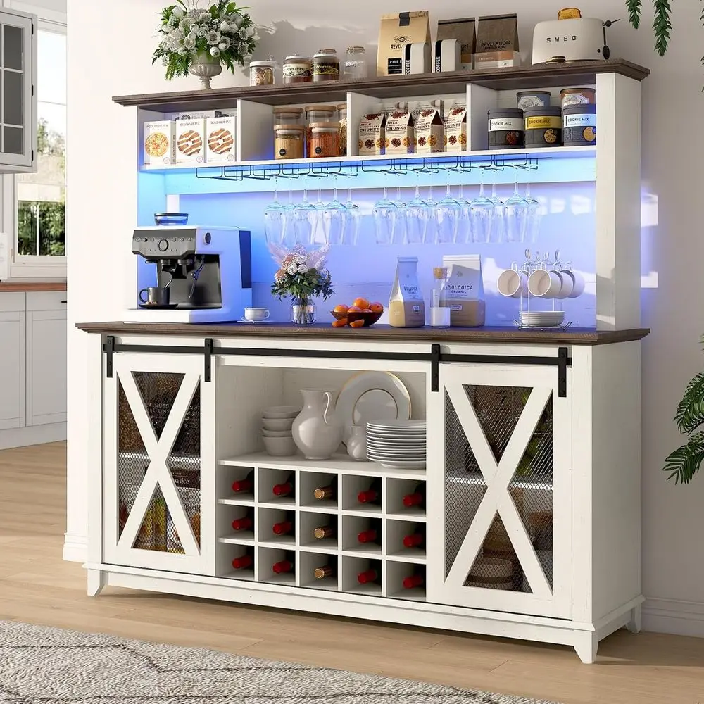 

Wide 58H Farmhouse Coffee Bar Cabinet with LED Light, Wine Bar Cabinet w/ 4 Storage Hutch, Kitchen Buffet Cabinet w/ Sliding Bar