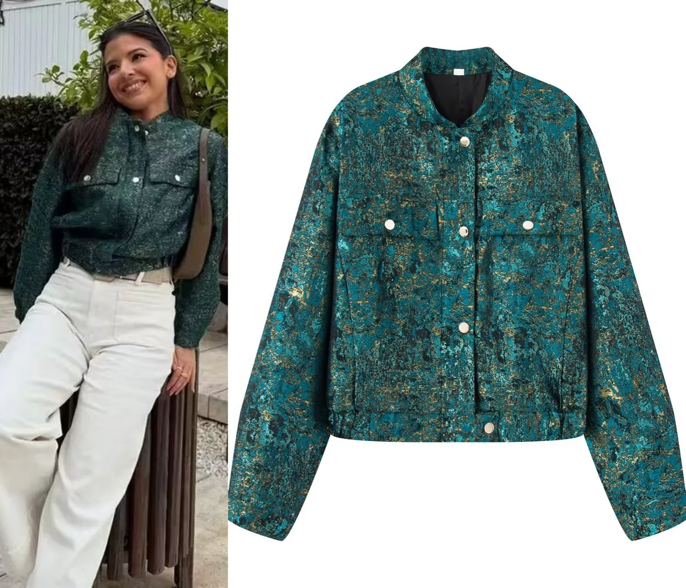 

ETJ 2025 new product women's fashion metallic jacquard texture casual jacket with elegant stand-up collar short coat