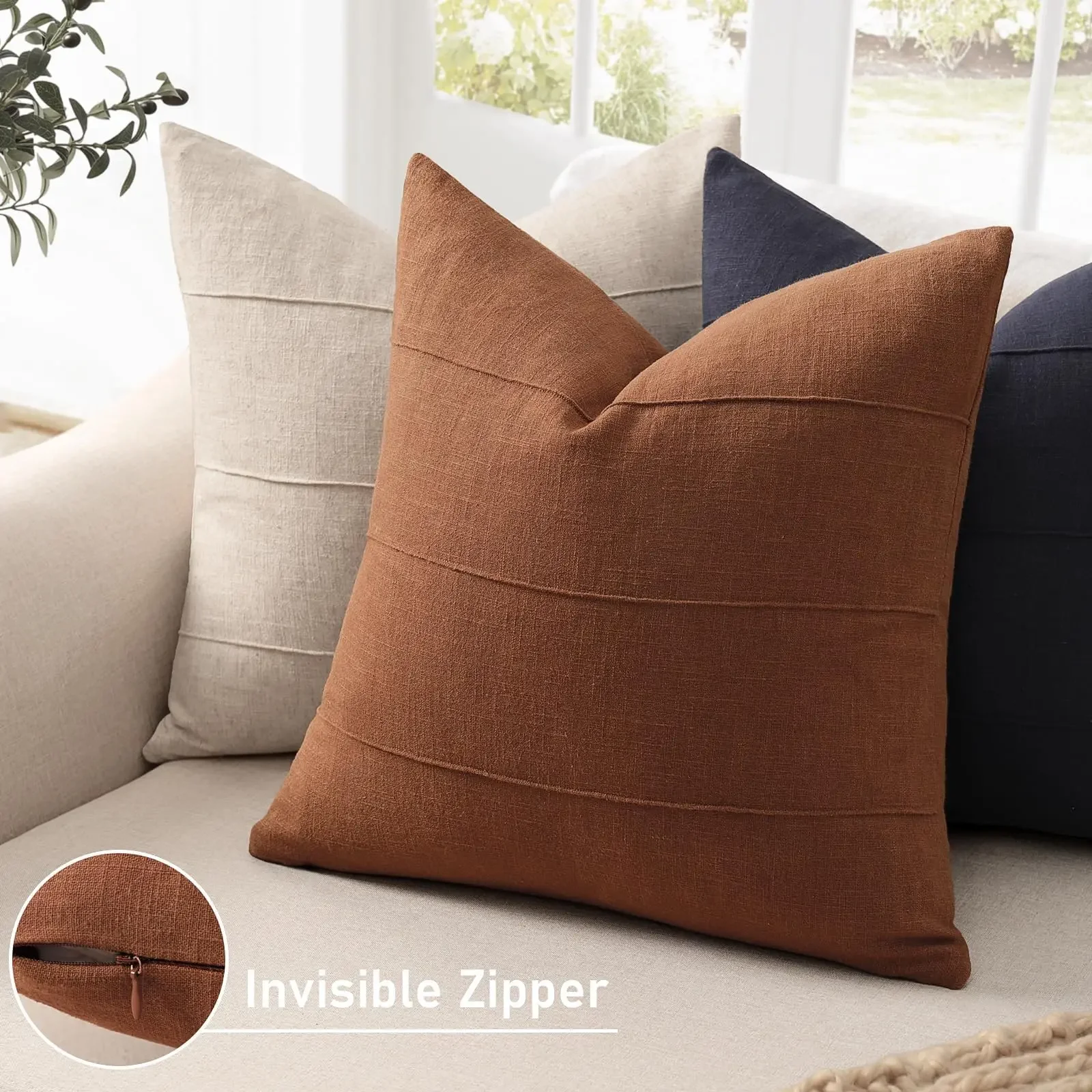 Decorative Linen Throw Fall Pillow Covers Set of 2 Solid Handcrafted Striped Cushion Covers for Bed Soft Modern Pillowcase