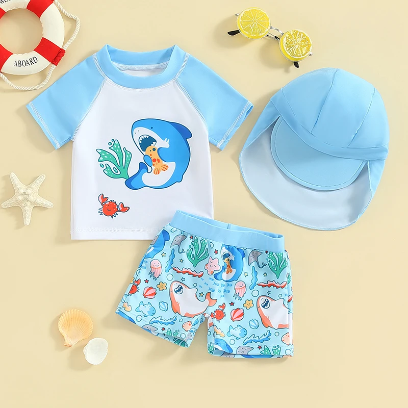 0-3Y Summer Baby Boys Swimwear Sets Rash Guard Shark Print Short Sleeve Tops Trunks ShortsHat Swimsuit Boys Beachwear