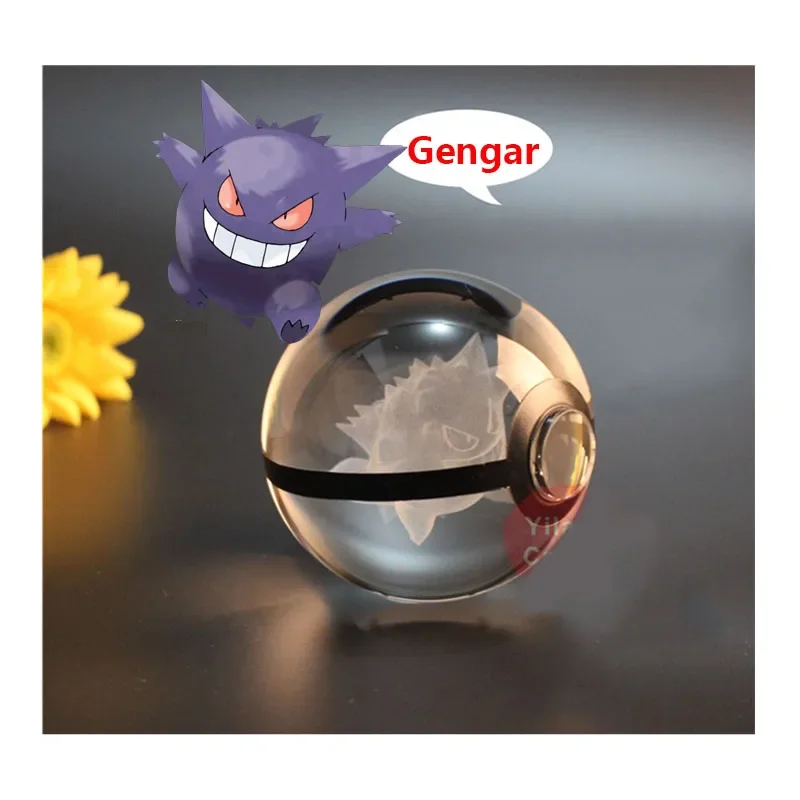 Anime Pokemon Gengar 3D Crystal Ball Pokeball Engraving Crystal Anime Figures Model with LED Light Base Kids Toy ANIME GIFT