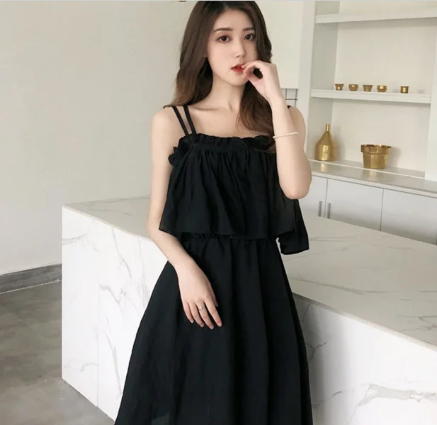 Vestido F de Verão Sem Mangas Estilo Coreano Solto com Cintura em Chiffon Duas Camadas Saia de Fada Estilo Princesa Si...