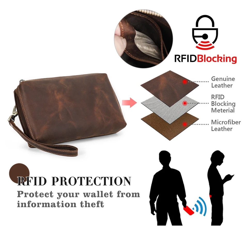 CONTACT'S Vintage Herren Clutch Bag RFID Echtes Leder Clutch Wallet Bag Casual Lange Geldbörse Große Kapazität Reisehandtasche Männlich – Detail 7