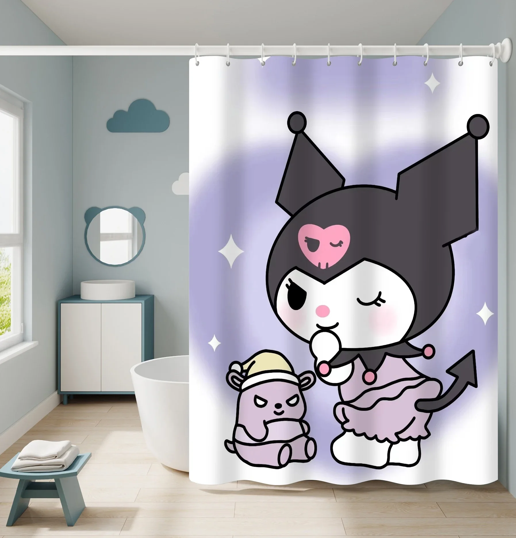 Imagem -03 - Sanrio Kuromi Cartoon Shower Curtain Poliéster Impermeável Cortina do Banheiro com Ganchos Presente Kawaii