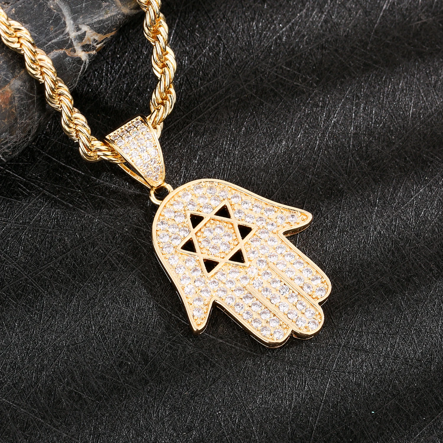 

Hip Hop Jewelry Hand of Fatima Pendant and Necklace 14K Gold-Plated Copper 4N Necklace Free Shipping