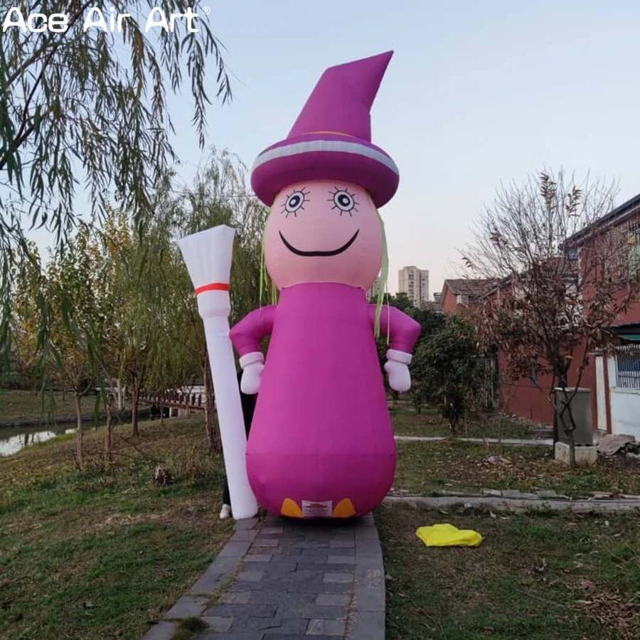 

Outdoor Italy Befana Gonfiabile Purple Witch with Broom Inflatable Model Cute Inflatable Witch Halloween Decoration