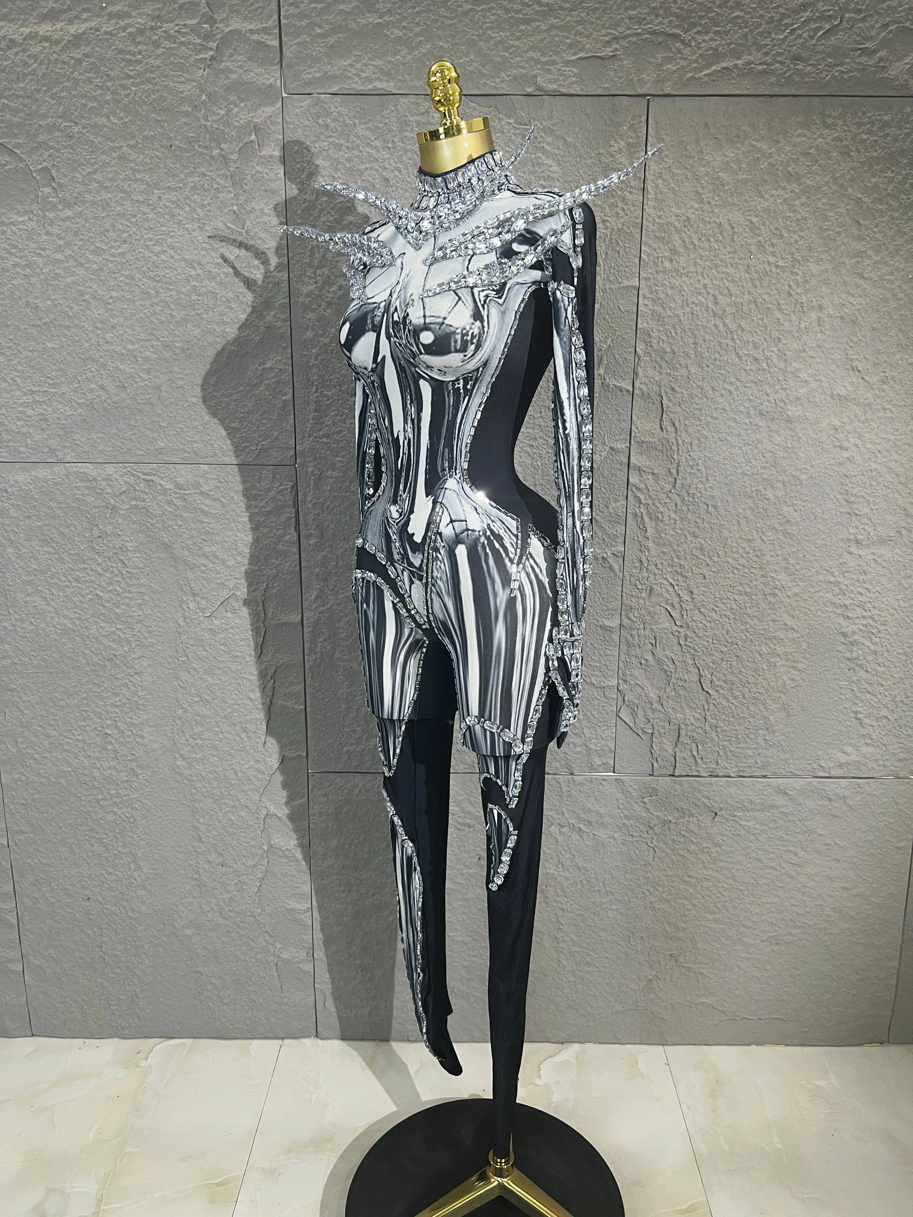 Women Silver Diamond Print JumpsuitRhinestone Shoulder Bodysuit LongSleeve Stage Costume Club SingerPerformance Outfit