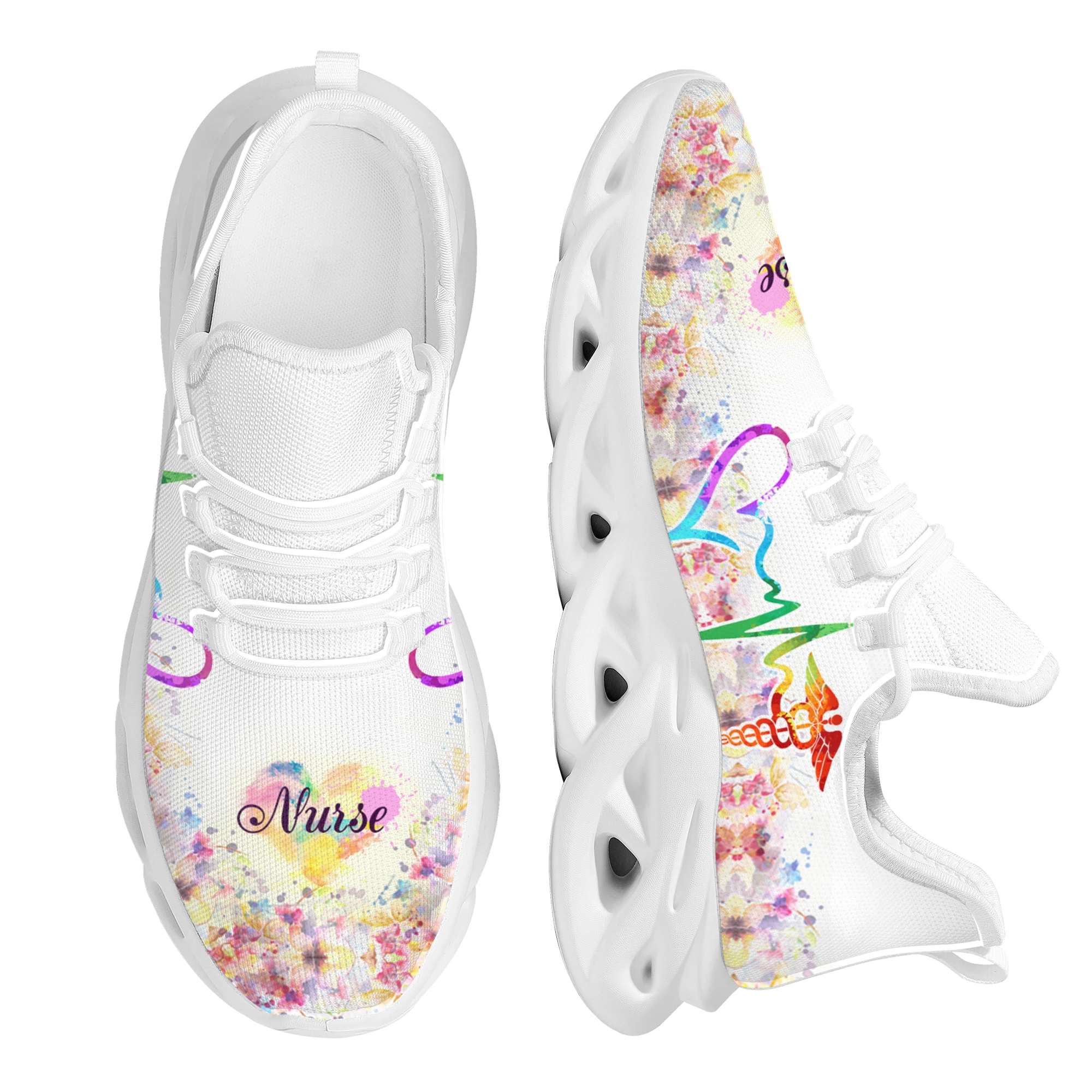 

INSTANTARTS Nurse Heartbeat Floral Pattern Women's Casual Shoes Woman Flats Comfortable Mesh Lace Up Women Sneakers sapatos