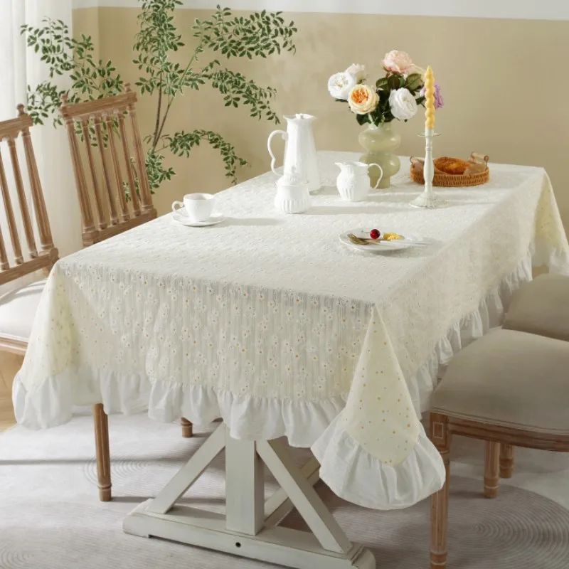 

Korea Tablecloth Pure Cotton Lace-edge Tablecloth with Small Floral Patterns Fish Tail Embellishments Rectangular Tablecloth