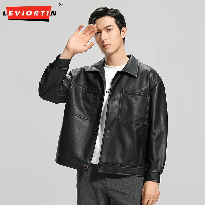 남성용 PU 가죽 재킷, 솔리드 라펠 지퍼 코트, 긴팔, 캐주얼 작업복, 워시 프리 오토바이 재킷, 스트리트웨어, 가을, 신상