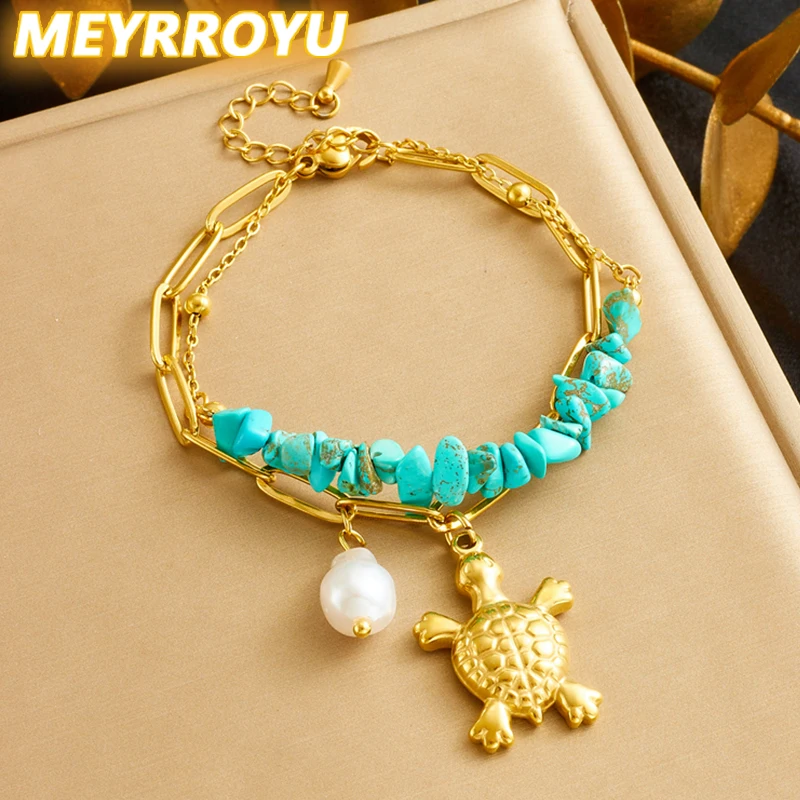 MEYRROYU-pulsera con colgante de tortuga para niña, cadena de mano de acero inoxidable 316L, Perla turquesa, Color dorado, nueva tendencia concisa, regalo de joyería